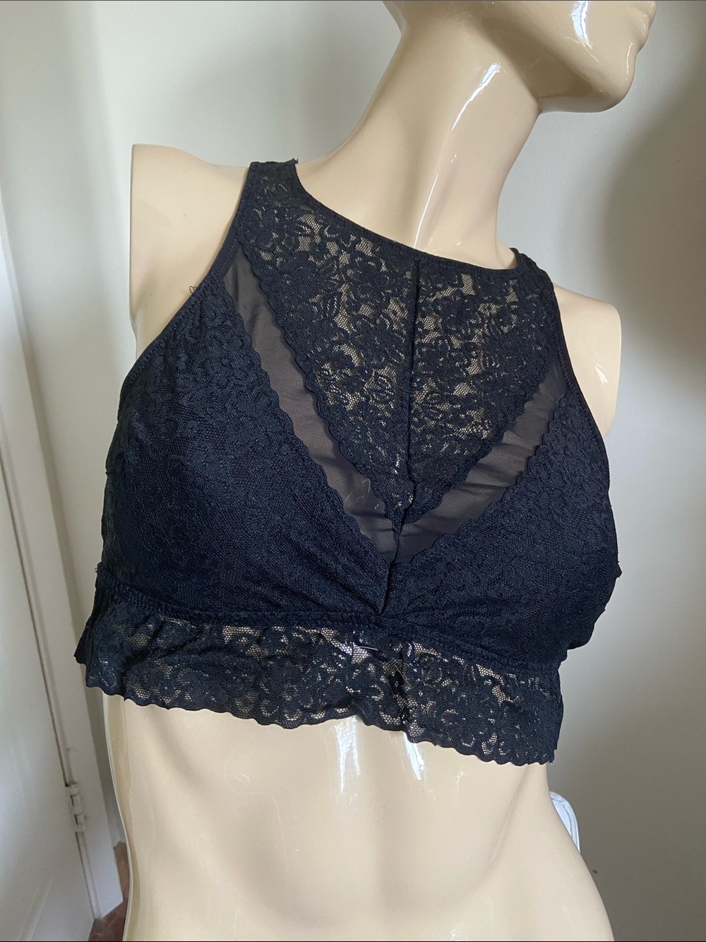 Large aerie Black Lace Bralette with Sheer Floral Panels